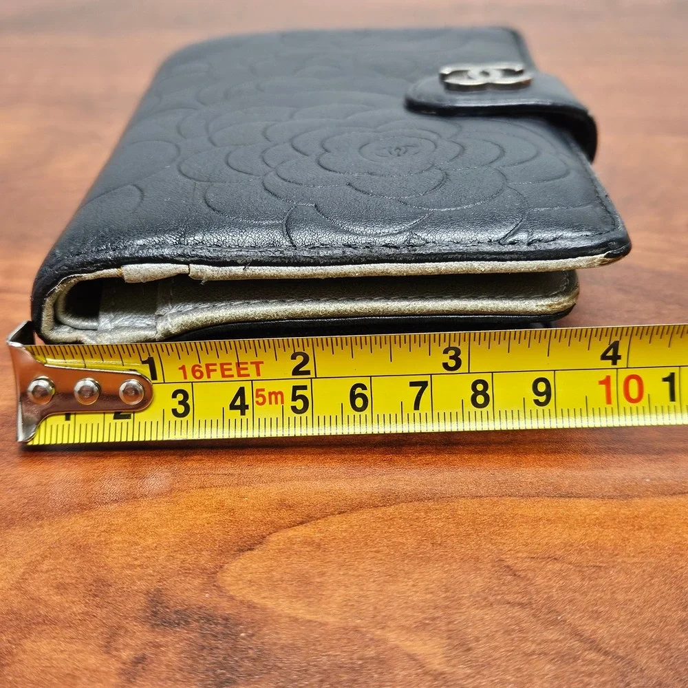 CHANEL Camellia Embossed Lambskin Organizer Wallet Black‎ Silver CC 16 Series